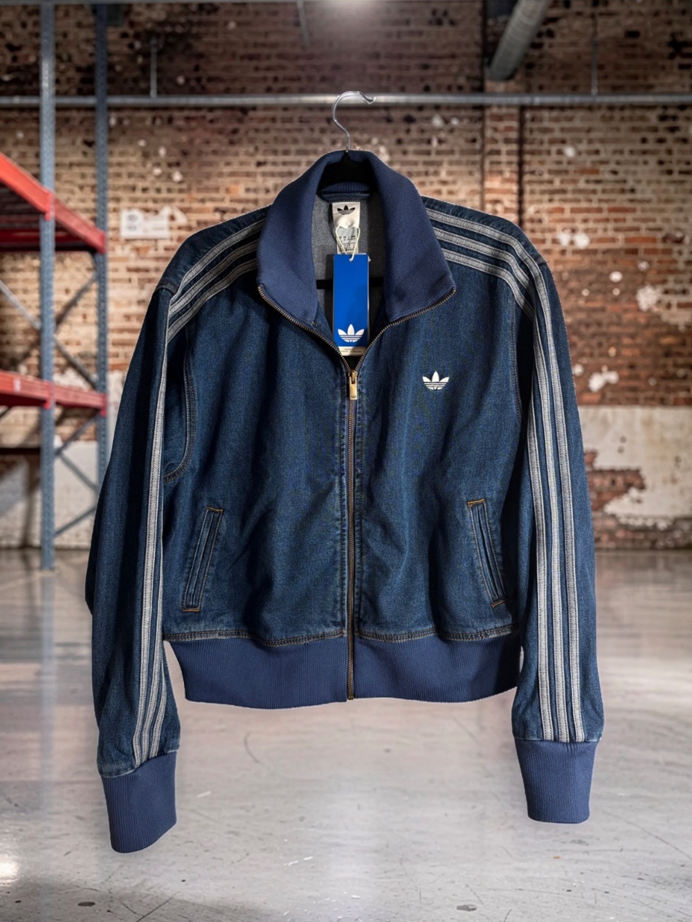adidas Women’s Firebird Dark Blue Denim Bomber Jacket with White Stripes